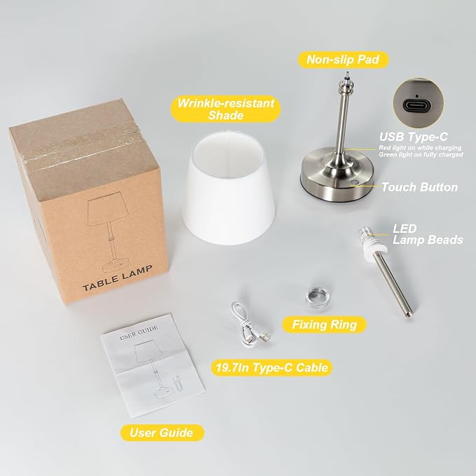 Kakanuo Rechargeable Cordless Table Lamp Silver - 1 Pack 4000mAh Battery Operated Lamp, 3000K Warm Light, Touch Control Stepless Dimming, for Bedside, Dining Table, Home Decor