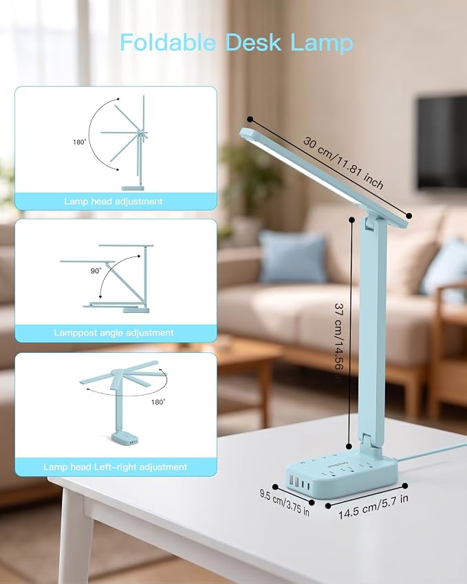 LED Desk Lamp, Power Strip with 4 USB 3 Outlets, Dorm Room Essentials, Blue | One Beat 4 Modes 5 Level Brightness Touch Lamp, Small Desk Lamp for Home Office College Dorm Essentials, Study Reading Light