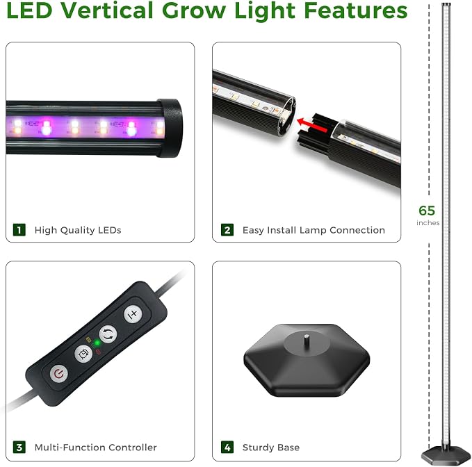 2PCS Grow Lights for Indoor Plants with Timer, 384 LEDs 42W Vertical Full Spectrum Grow Light 65 Inch Standing Grow Lights 3 Light Modes 5-Level Dimmable Wide Coverage