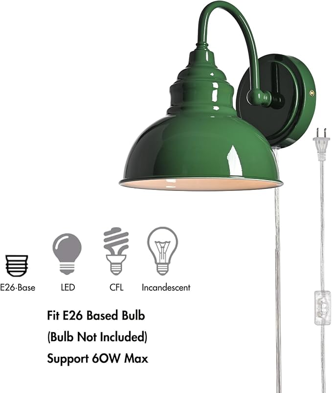 Mini Gooseneck Wall Sconce, 2-Way Mount with Switch, Green | Flexible Gooseneck, Plug-in & Hardwired Dual Installation, On/Off Switch Included, Fits Bedroom, Corridor, Porch
