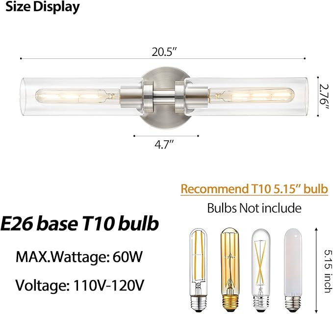 Lanhall 2 Light Bathroom Wall Sconces Set of 2,Modern Farmhouse Brushed Nickel Bathroom Light Fixture Over Mirror with Clear Glass Shade,Vanity Light for Hallway Cabinet Bedroom Stairway Porch