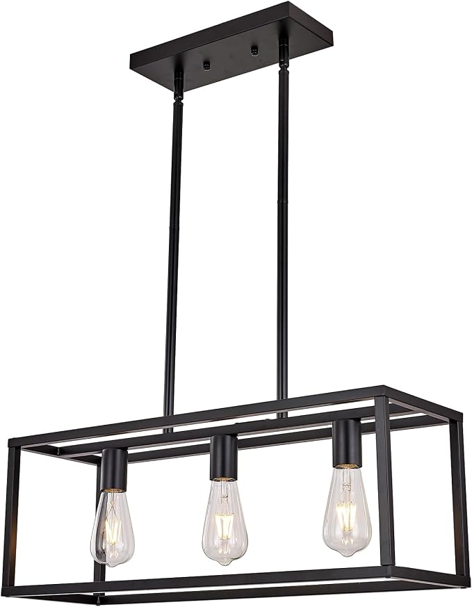 Farmhouse Rectangle Chandeliers for Dining Rooms, Modern Linear Hanging Light Fixture Matte Oil-Rubbed Bronze 3-Light Industrial Pendant Lighting for Kitchen Island