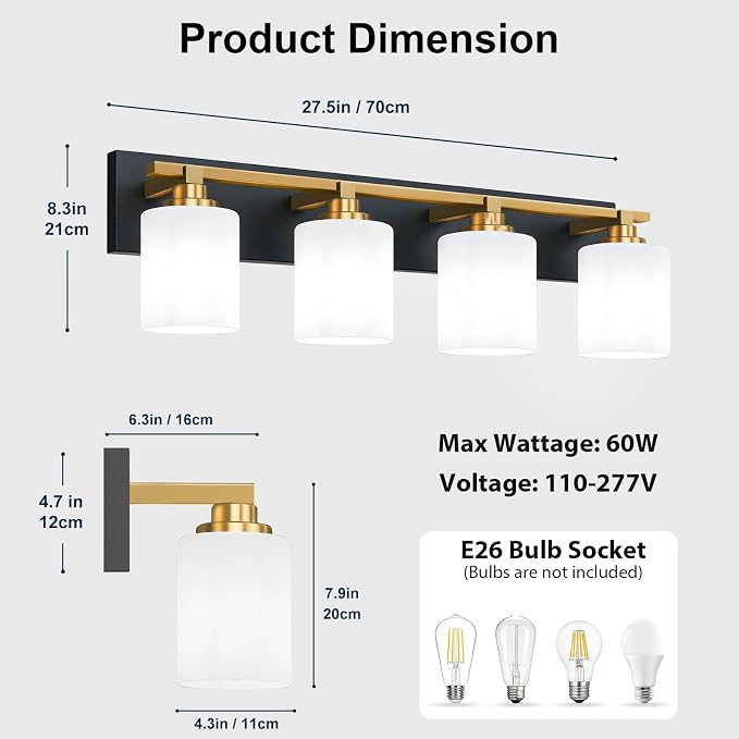 Black and Gold Bathroom Light Fixture, Modern 4 Light Vanity Lights for Bathroom Lighting Fixtures Over Mirror, White Glass Lampshade, Master & Guest bathrooms Bathroom Remodel, 27.5-inch