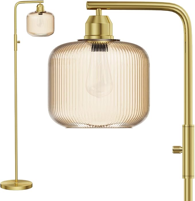 66" Dimmable Gold Standing Lamp with Champagne Ribbed Glass for Living Room | Vintage Floor Lamp with Brushed Gold, Stepless Rotary Switch and 3000K LED Bulb, Arc Floor Lamp for Bedroom & Study Room