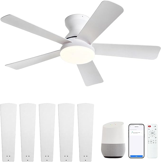 Smart Ceiling Fans with Lights Remote - 42'' WiFi Alexa Flush Mount Low Profile Modern Ceiling Fans for Bedroom - Stepless Color Temperature and 6 Speeds - White