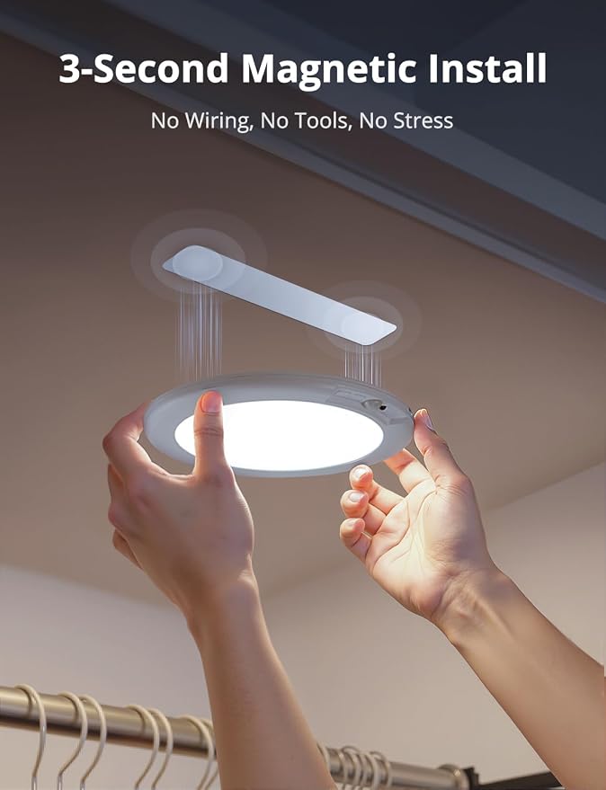 Rechargeable Motion Sensor Ceiling Light with Remote Wireless, 60 Days Battery Powered Shower Lamp Magnetic Dimming Timing Stick on Cordless Lighting for Closet Pantry without Electricity 2Pack
