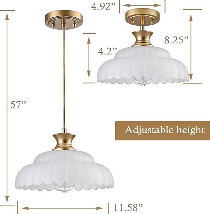 HYDELITE Vintage Frosted Glass Pendant Lights Kitchen Island Lighting | Brass Over Kitchen Sink Adjustable Hanging Pendant for Dining Room Kitchen Entryway