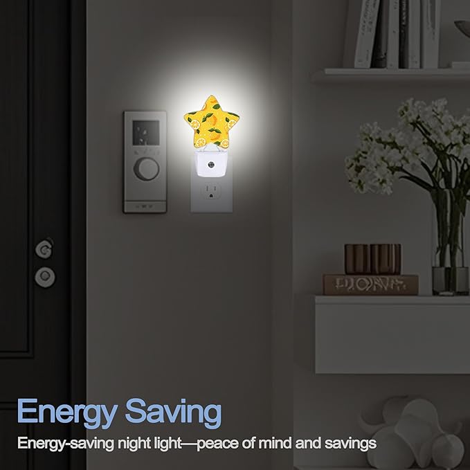 Lemon Leaves Dusk to Dawn Star Night Light,Summer Tropical Fruit Smart Sensor Nightlight for Bedroom Kitchen Hallway Stairs,Plug-in Energy Efficient Decor Desk Lamp Women Men Gifts