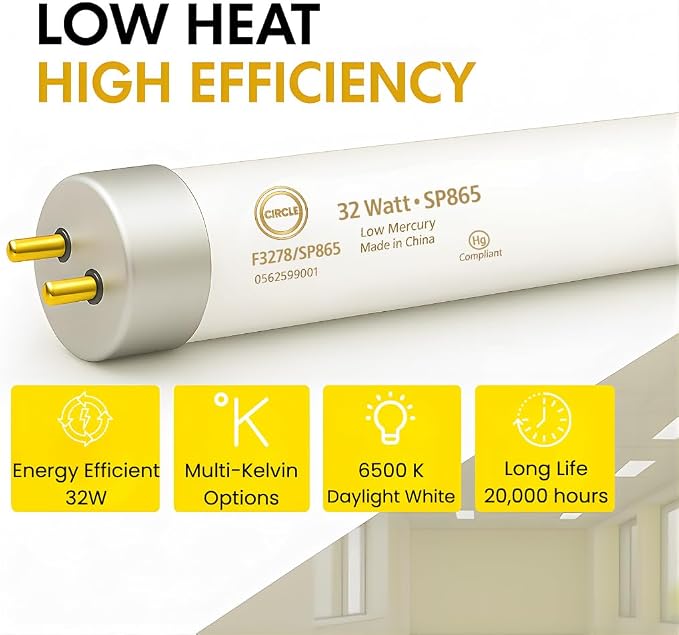 Circle F32T8/SP865 T8 Fluorescent Light Bulbs 48 Inch, 32W 6500K Daylight, G13 Medium Bi-Pin Base, 4FT Commercial Ceiling Light Replacement for Garage, Office & Shop Fixtures, 25 Pack