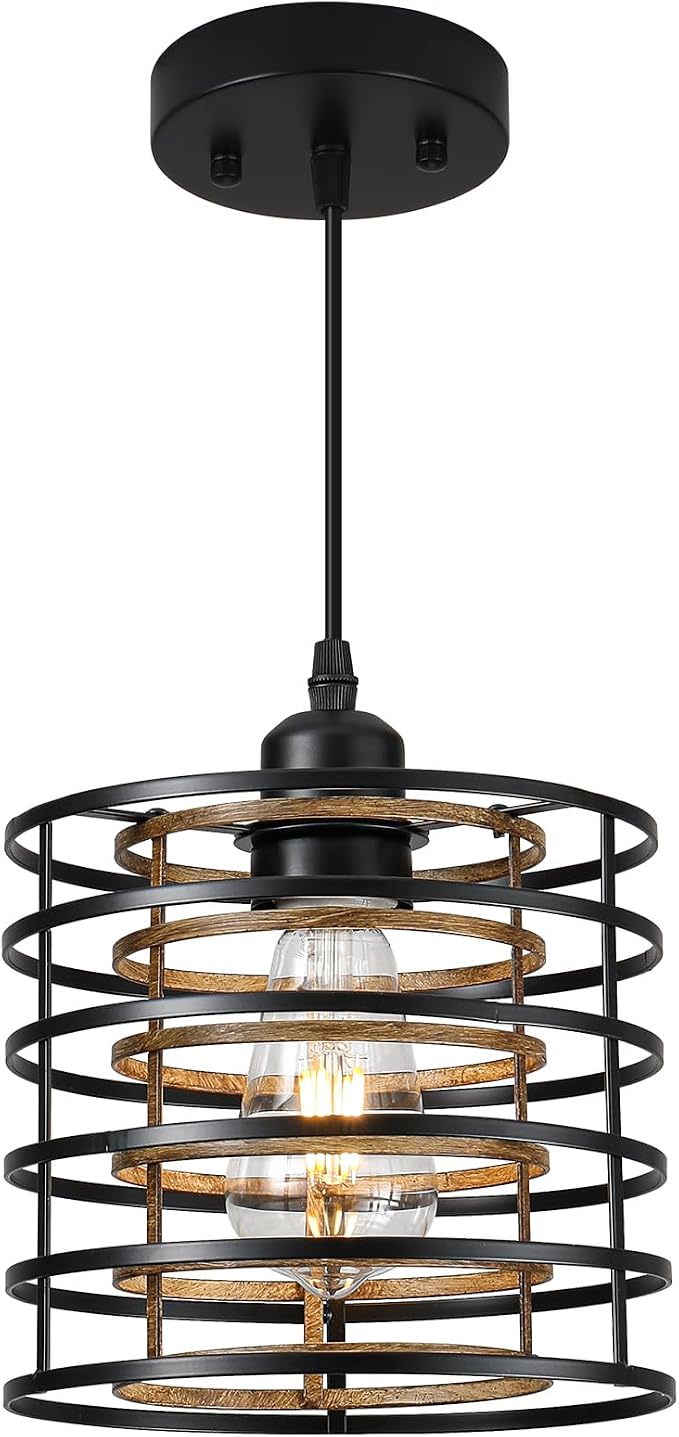 Farmhouse Pendant Lights Kitchen Island, Kitchen Hanging Light Fixtures Wood Grain Cage Metal Lighting for Dining Room Bedroom Bar Office Entryway Hallway, Industrial Black, 1 Pack