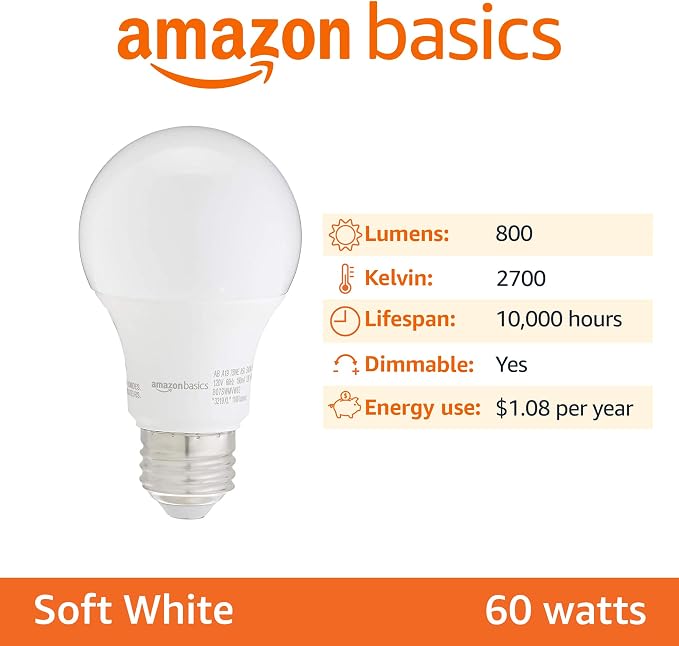 Amazon Basics A19 LED Light Bulbs, 60W Equivalent, 9W Energy Efficient, E26 Standard Base, Soft White 2700K, Dimmable, 10,000 Hour Lifetime, 16-Pack