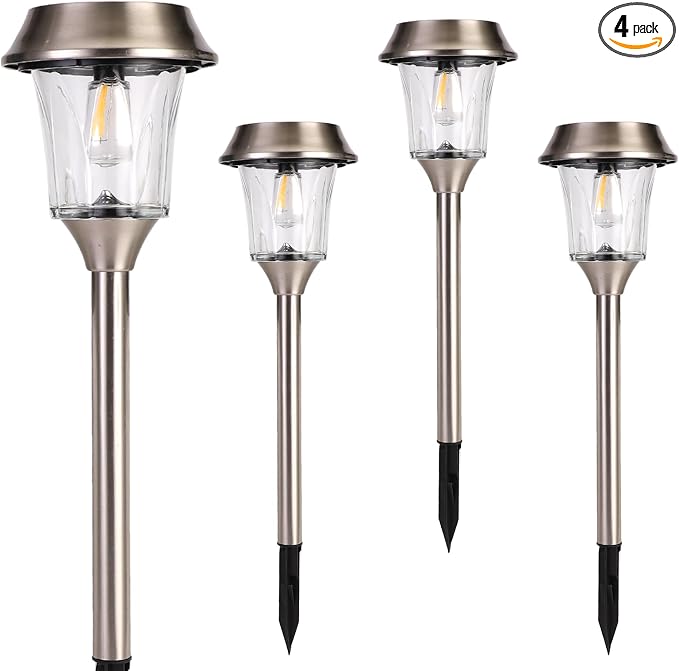 Solar Pathway Lights Outdoor, Landscape Lighting 4 Pack | Stainless Steel & Glas, 12-25 LM Dimmable, Auto On/Off, IP65 Waterproof, Outdoor Lights for Yard, Lawn, Walkway, Driveway
