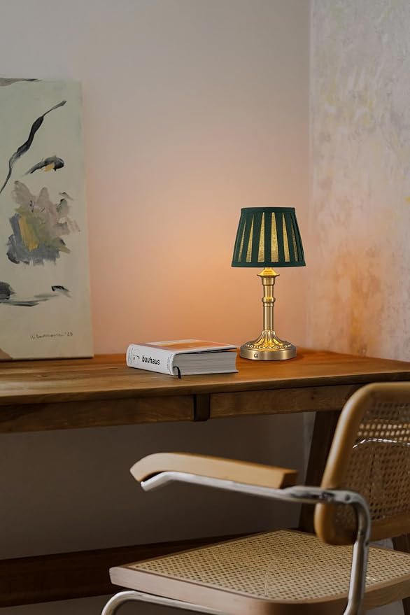 KDG Gold Cordless Table Lamps Set of 2, Green Fabric Shade Small Desk Lamp | Portables 4000mAh Battery Powered, LED Lighting, 2700K Stepless Dimmable, Light for Living Room, Dining Room, Bedroom