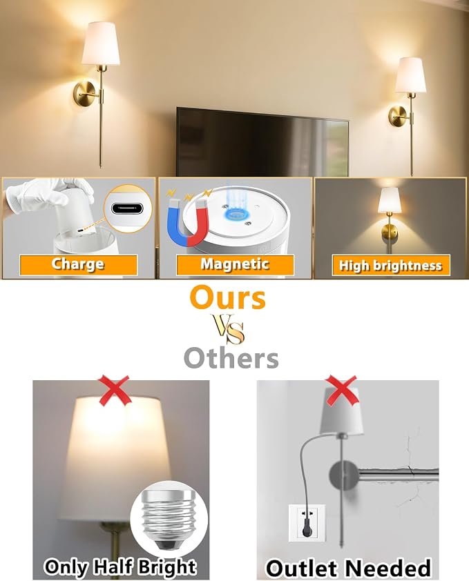 Adetu Wall Sconces Set of 2, Battery Operated Wall Sconce | 10000mAh Magnetic Bulbs and Remote, RGB & 5%-100% DimmableRechargeable Wall Lights for Bedroom Living Room Hallway Decor