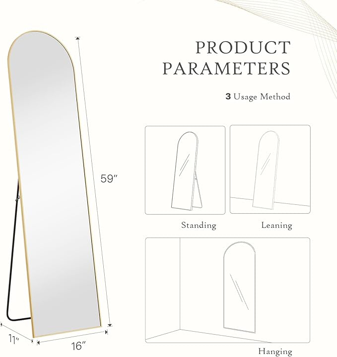 Arched Mirror Full Length, Upgraded 16"x59" Body Wall Mirrors with Shatter-Proof Glass, Floor Standing, Hanging or Leaning, Tall Arch Mirror with Stand Aluminum Alloy Frame for Bedroom Cloakroom