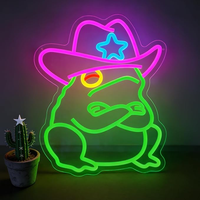 Cowboy Frog Neon Sign Green Toad LED Light Wall Decor for Man Cave Room | Dimmable Western Cowboy Toad Neon Sign Funny Decor for Frog and Toad Lover Gaming Room Bedroom Pub Bar Unique Gift Idea