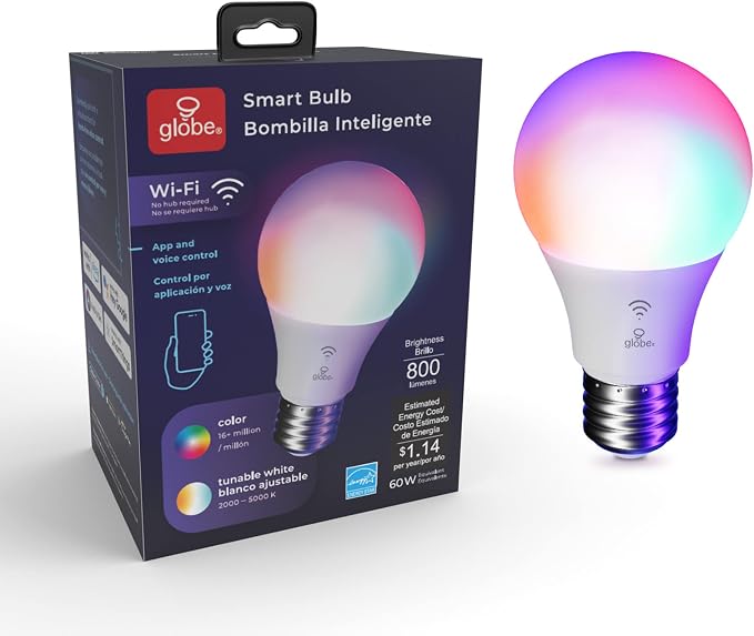 Globe Electric Wi-Fi Smart 10W LED Bulb, Multicolor RGB + Tunable White 2000K–5000K, A19 Shape, E26 Base, App + Voice Control, No Hub Required, 34212