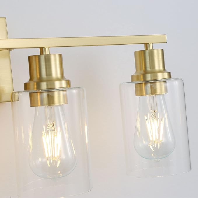 4-Lights Gold Bathroom Light Fixture, Brushed Brass Vanity Light with Clear Glass Shade, Modern Bath Wall Lights for Living Room, Hallway, Bedroom