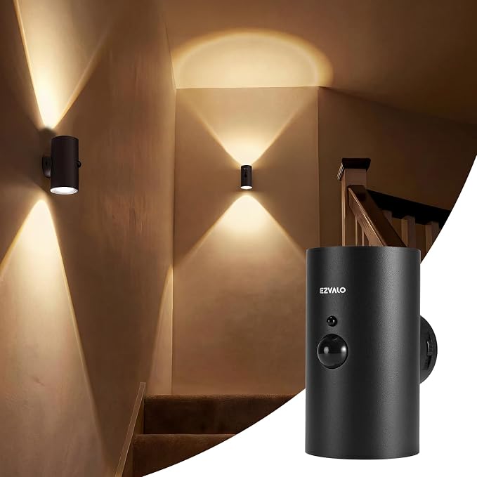 EZVALO Motion Sensor Wall Sconce with Remote, 4000mAh Rechargeable Battery Operated Wall Light, 3 CCT & 12 RGB Colors, Up & Down LED Lighting for Hallway, Stairway (Black, 1 Pack)