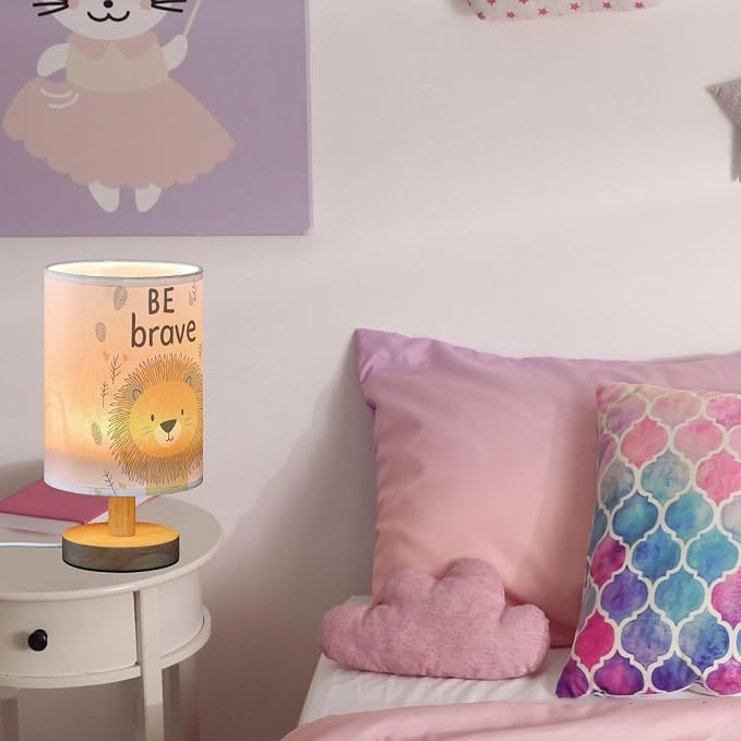 Be Brave Cute Lion Positive Inspirational Bedside Table Lamps with USB Port for Bedroom LampSmall Nightstand Lamp Sturdy Linen Shade Wooden Base Decorative Lamps for Nursery Kids Reading Dorm Home