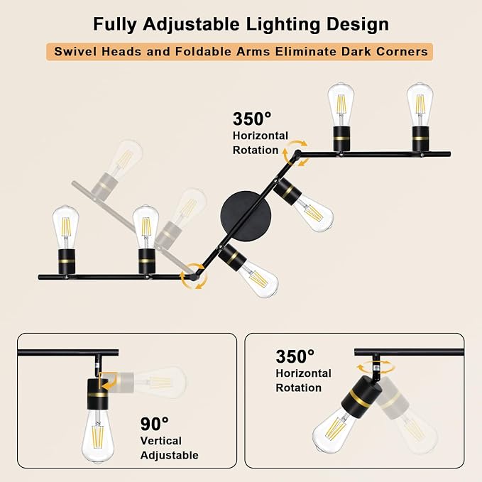 HiBay 6-Light Track Lighting, Rotatable Ceiling Spotlight, Black Gold, E26 | 6 heads for a living room or open space, adjustable black-gold design aims light where needed, E26 base for your own bulbs