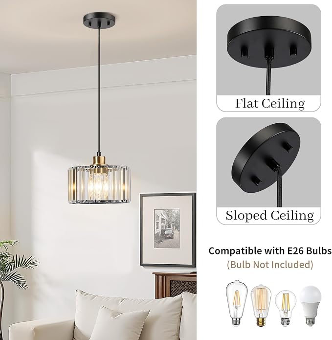 TALOYA Pendant Lights Kitchen Island Black and Gold, Crystal Pendant Light Modern for Dining Room, Height Adjustable Chandelier Hanging Island Light Fixtures for Kitchen Hallway(Bulb Not Included)