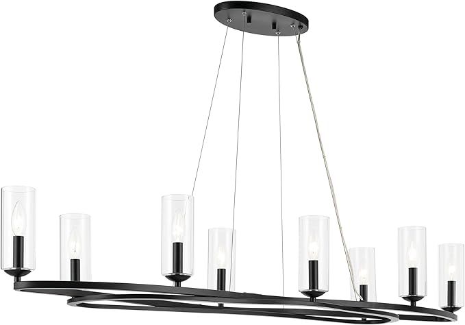 Kichler Harpin 8-Light Linear Chandelier, Sloped Ceiling Compatible, for Dining Room or Kitchen with Clear Glass in Black