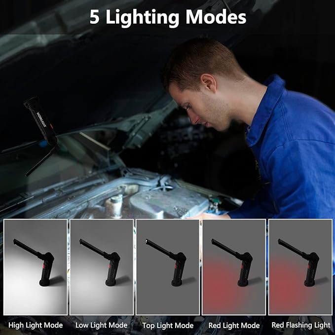 Working Light Portable, Rechargeable Work Lights with Magnetic Base Hanging Hook,360° Rotate 5 Modes,COB LED 800 Lumens Foldable Inspection Light for Car Repair, Grill and Outdoor Use(2pack)
