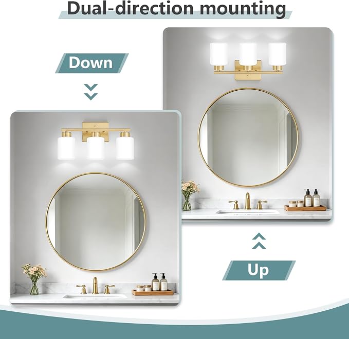 Gold Bathroom Light Fixtures Vanity Lighting Over Mirror | 3-Light Modern Wall Sconces with Milky White Frosted Glass Shades for Restroom (E26 Socket)