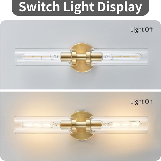 Lanhall 2-Light Brushed Brass Gold Bathroom Light Fixtures Over Mirror Modern Vanity Light Wall Lighting with Clear Glass Shade for Bathroom, Bedroom, Hallway, Cabinet