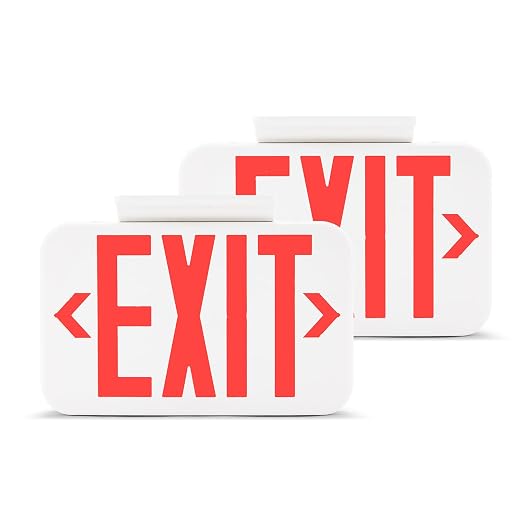 Amazon Basics LED Emergency Exit Sign, Double Face, Fire Resistant, UL Certified, Hardwired with Battery Backup, White, 2-Pack
