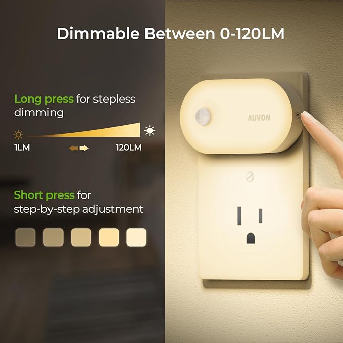 AUVON High Lumen (1-120lm) LED Night Light, Motion & Light Sensor, 4 Packs | Plug-in Nightlight, Dimmable Brightness for Bedroom, Bathroom, Hallway, Kitchen, Basement, Storage Room, Living Room