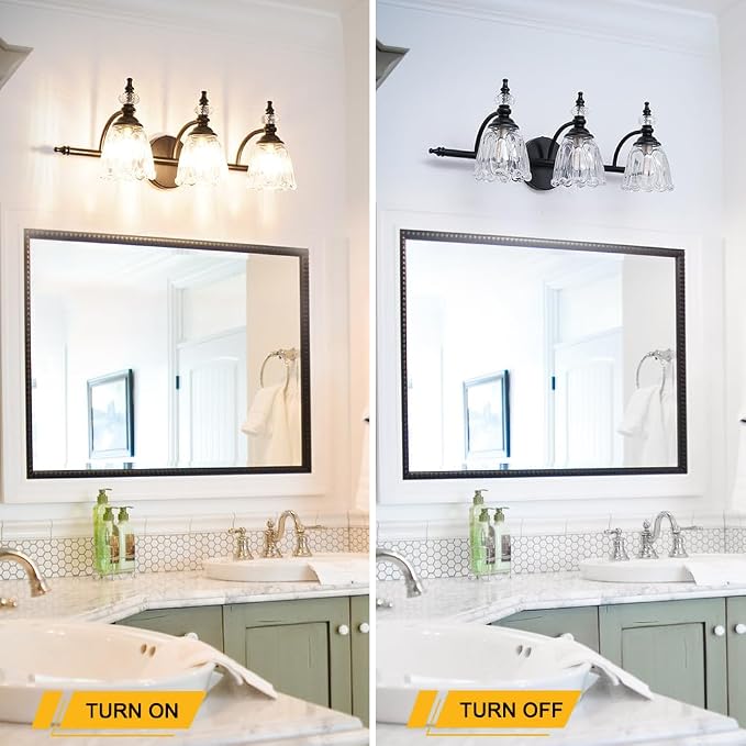 Matte Black Bathroom Vanity Light, Farmhouse Bathroom Light Fixtures Over Mirror, 3 Light Vanity Lighting Fixtures, Flower Glass Shade Wall Sconce Lighting