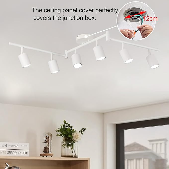 Plug in Track Lighting Kit, 120cm LED 6 Light Kitchen Track Lighting, Corded Wall Light with 16.4ft Cord, 6 Way Ceiling Spot Lighting Flexibly Rotatable Head Includes 6 x GU10 Bulb (6-White-120cm)