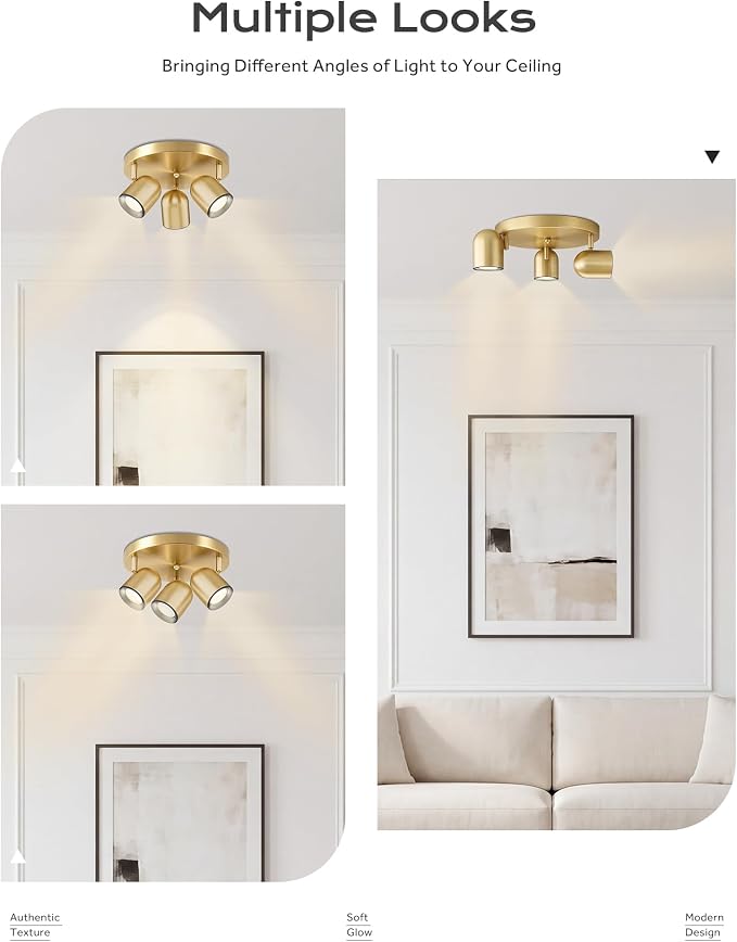 FEMILA Brushed Gold Round Track Lighting Kit, 3000K Bulbs Included, 3 Light Track Lighting Fixtures for Kitchen, Bedroom, Office, GU10 Base, 4FS78F-3 BG