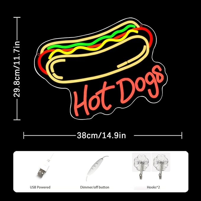 Hot Dog Neon Sign for Wall Decor Dimmable Neon Lights for Hot Dog Shop Decor Business Food LED Neon Signs for Fast Food Shops, Restaurant, Bar, Kitchen,Christmas Birthday Party