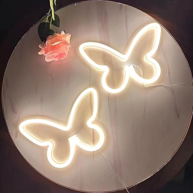 Butterfly Neon Signs for Wall Office Dorm Wedding Birthday Party Room Decor,Neon Butterfly Led Signs Butterfly Decorations for Teen Girls,USB or 3-AA Battery Powered,2Pack(Warm White)