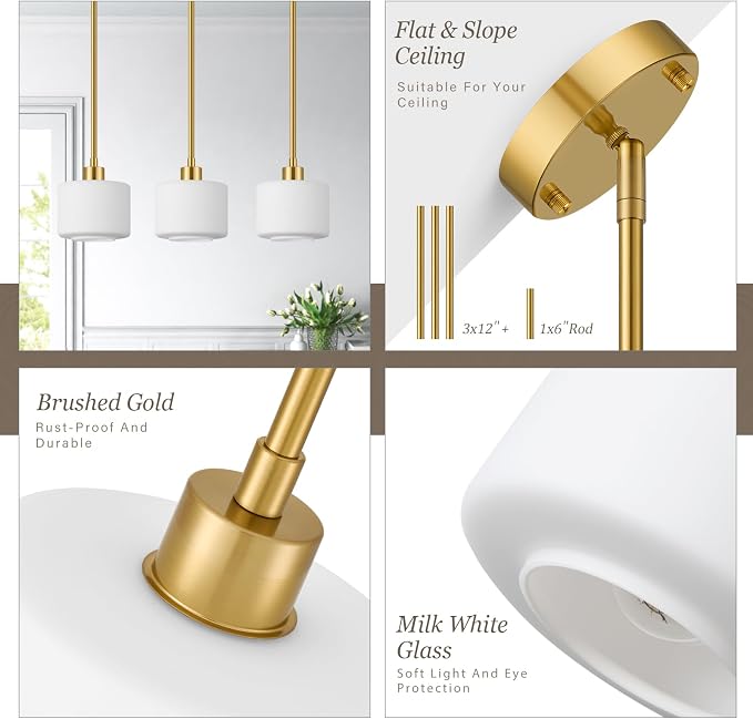 Brushed Gold Pendant Lights Kitchen Island 2 Pack, Modern Milk Glass Hanging Light Fixtures with Rods, Mini Kitchen Pendant Lighting Over Island for Sink Bathroom, OS-YQ8153-2PBG