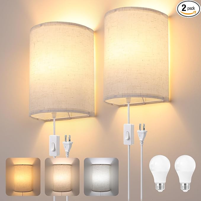 Shenmoyl Plug in Wall Sconces Set of Two Wall Lights with On/Off Switch - Stepless Color Temperature Wall Mount Lamps - Fabric Linen Wall Sconce for Bedroom Living Room - Indoor Corded Wall Sconces