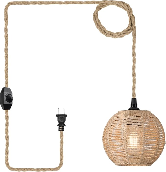 15ft Plug in Pendant Light with Cord Dimmable Switch | Rattan Hanging Lamp with Hand Woven Wicker Plug in Chandelier Boho Hanging Lights Fixture for Bedroom kitchen Hallway Foyer