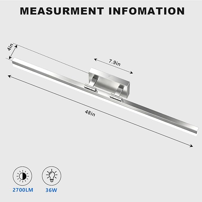 IZORRO Modern Bathroom Vanity Light 48 inch, Rotatable, 36W Dimmable Led Bathroom Light Fixture Over Mirror, Chrome Vanity Light Bar (Cool White 6000K)