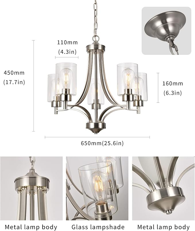 BOZO 5-Light Brushed Nickel Chandelier Modern Dining Room Lighting Fixtures Kitchen Over Table Pendant Lighting for Foyer Bedroom Bathroom Hallway with Clear Glass Shade