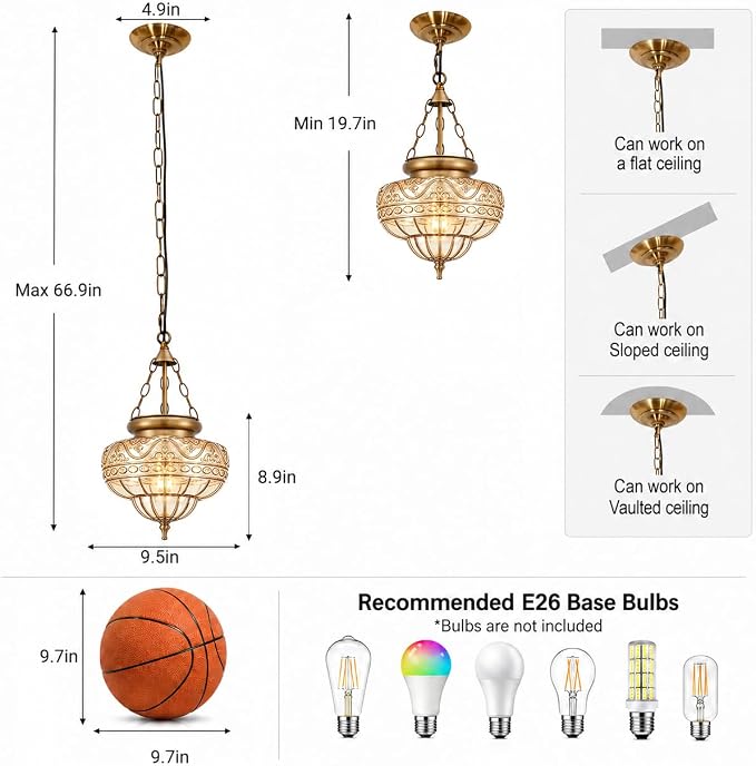 Vintage Brushed Antique Brass Pendant Light for Kitchen Island, Handblown Textured Amber Glass Hanging Light Fixture, Adjustable Height E26 Pendant Lighting for Dining Room, Entryway, Hallway
