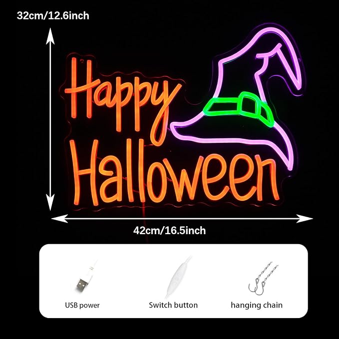 Happy Halloween Neon Sign Mysterious Purple Green Hat LED Neon Light for Wall Decor Dimmable USB Powered Halloween Light Up Sign for Halloween Decor Home Spooky Party bedroom Decor(16.5 * 12.6 In)