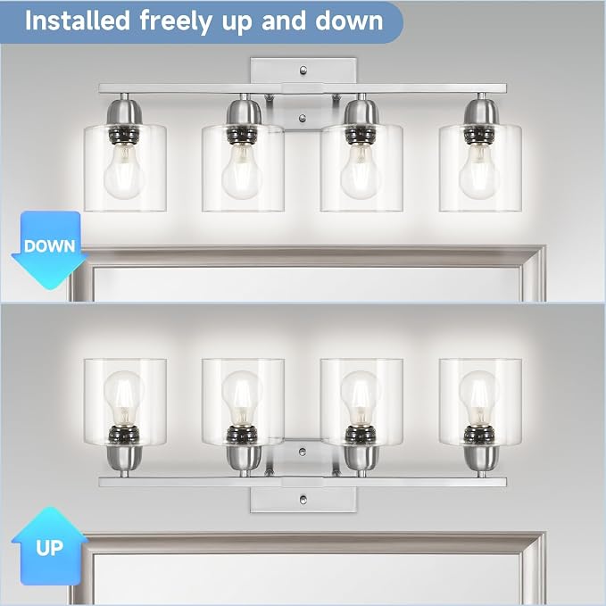 Modern Brushed Nickel 4 Light Bathroom Light Fixtures, 24 inch Vanity Lights for Bathroom with Clear Glass, Bathroom Vanity Light for Mirror Kitchen Living Room Hallway Cabinet Porch