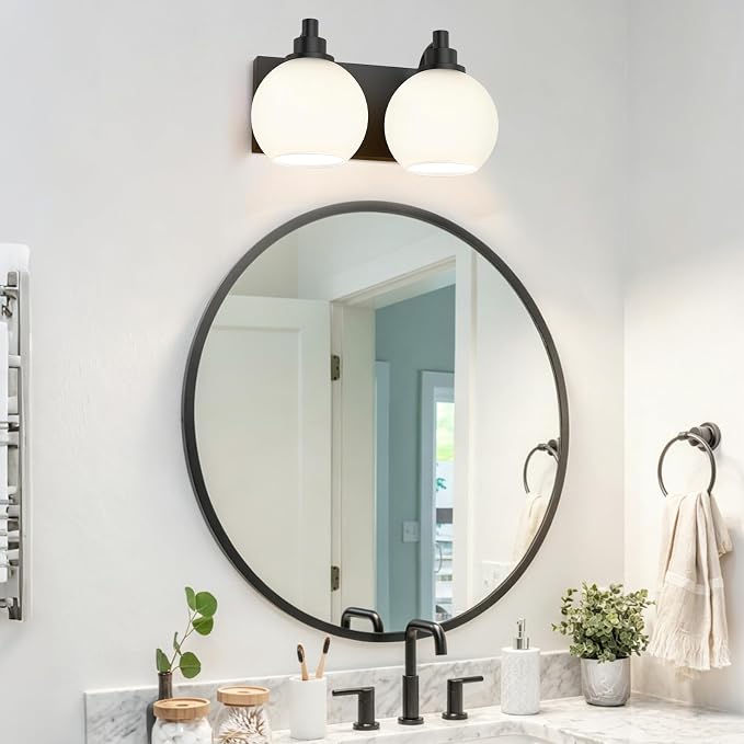 IZORRO Bathroom Light Fixtures, 2-Light Matte Black Vanity Light, Modern Wall Sconces with Globe Milk White Glass Shade, Vanity Lighting Fixtures Over Mirror,E26 Bulb Socket