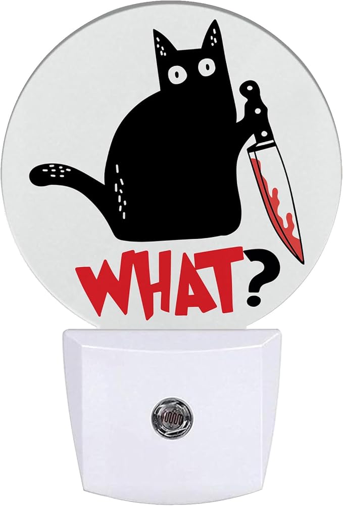 Funny Black Cat and Knife What Night Light,Nightlight Plug into Wall LED Lamp Auto Sensor Dusk to Dawn for Bedrooms/Kitchens/Toilets/Corridors,Energy-Saving