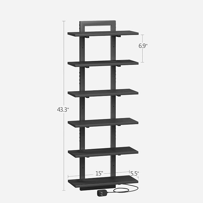 6 Tier Wall Shelf Unit Floating Shelves with LED Light, Vertical Wall Shelf, Wall Mounted Display Shelf for Living Room, Bedroom, Vanity, 15" W x 5.9" D x 43.3" H, Black