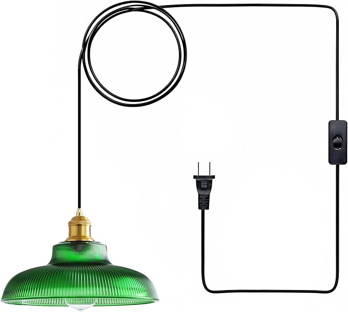 XZHGCEE Plug in Pendant Light: Hanging Light Plug in Green Glass Hanging Lamp, Pendant Lighting for Kitchen Island, Bedroom, Dining Room, Living Room, No Bulb