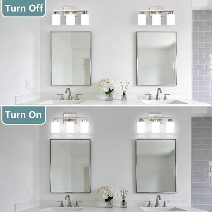 Brushed Nickel Bathroom Light Fixtures Vanity Lighting Over Mirror | 3-Light Modern Wall Sconces with Milky White Frosted Glass Shades for Restroom (E26 Socket)